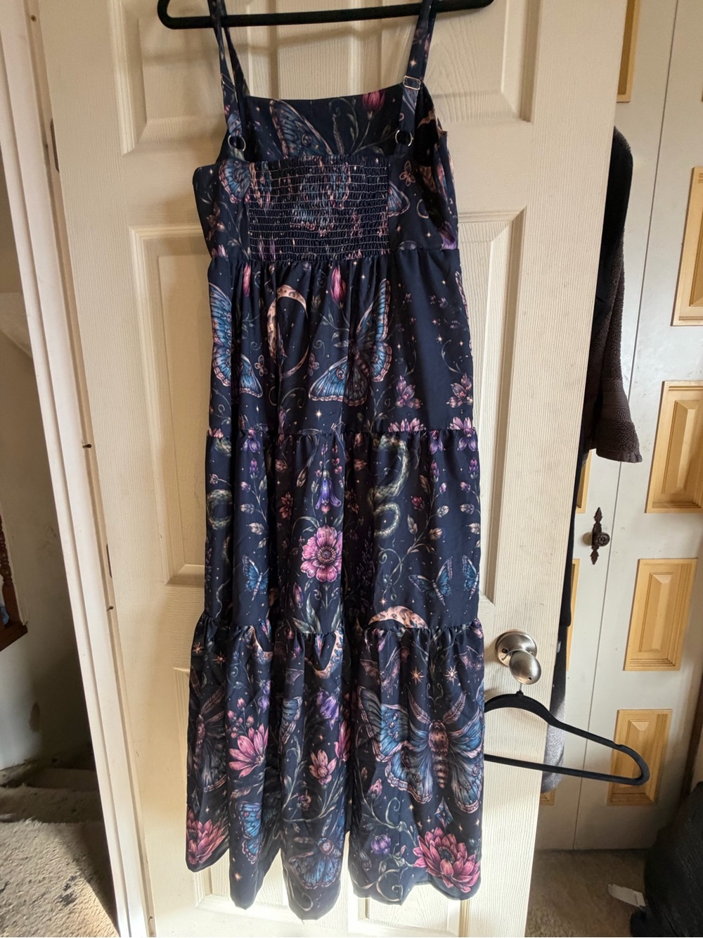 Navy Floral & Butterfly Maxi Dress with Smocked Bodice